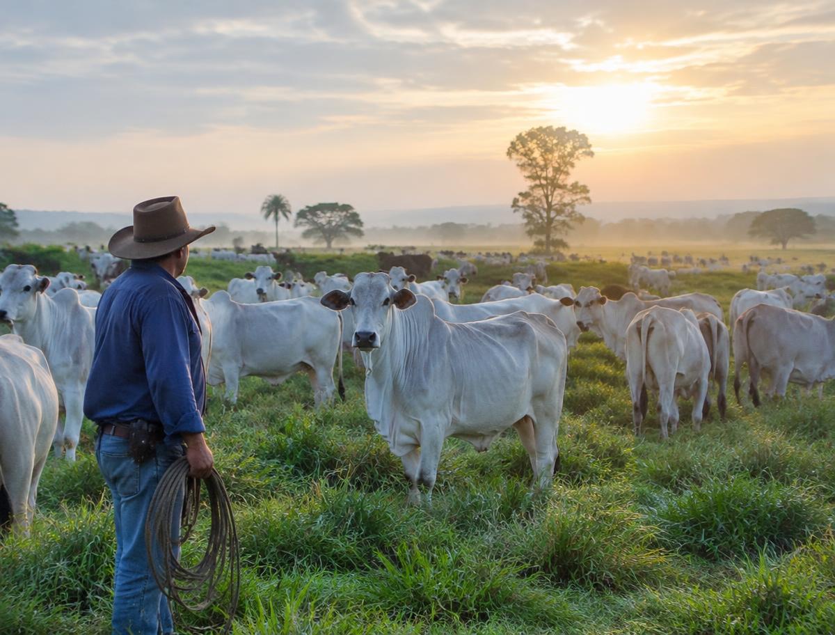 Trabalhador rural acompanhando gado Nelore no pasto ao amanhecer